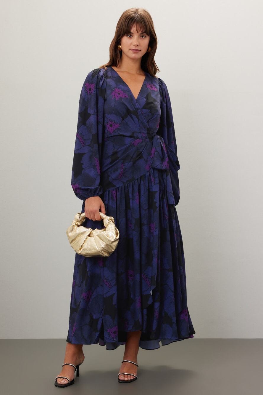 Hutch Lima Purple Floral Print Blouson Long Sleeve Wrap Tie Waist Maxi Dress XL